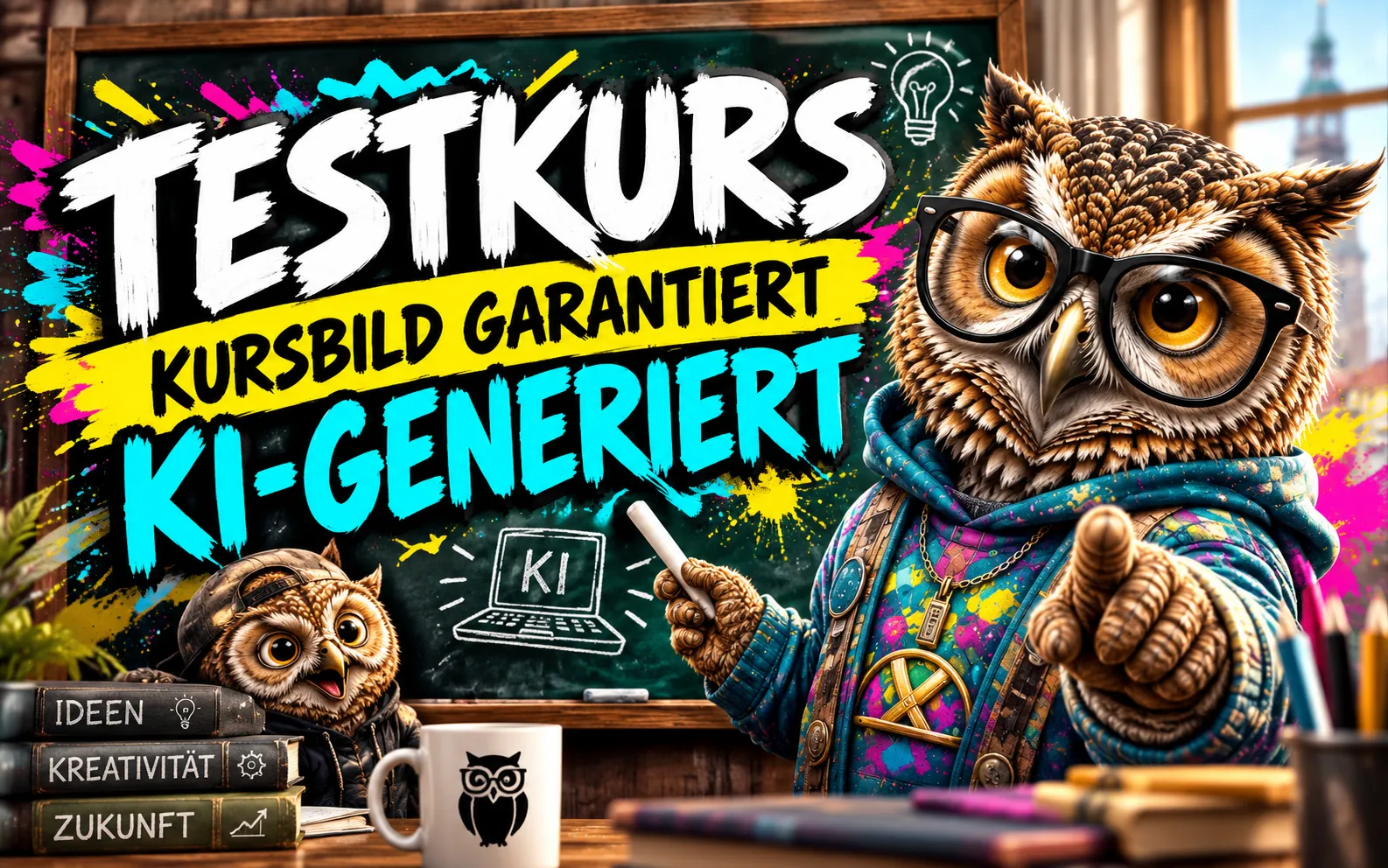Karikatur eines erwachsenen und eines jugendlichen Uhus moit der Beschriftung "Testkurs - Kursbild garantiert KI-generiert"